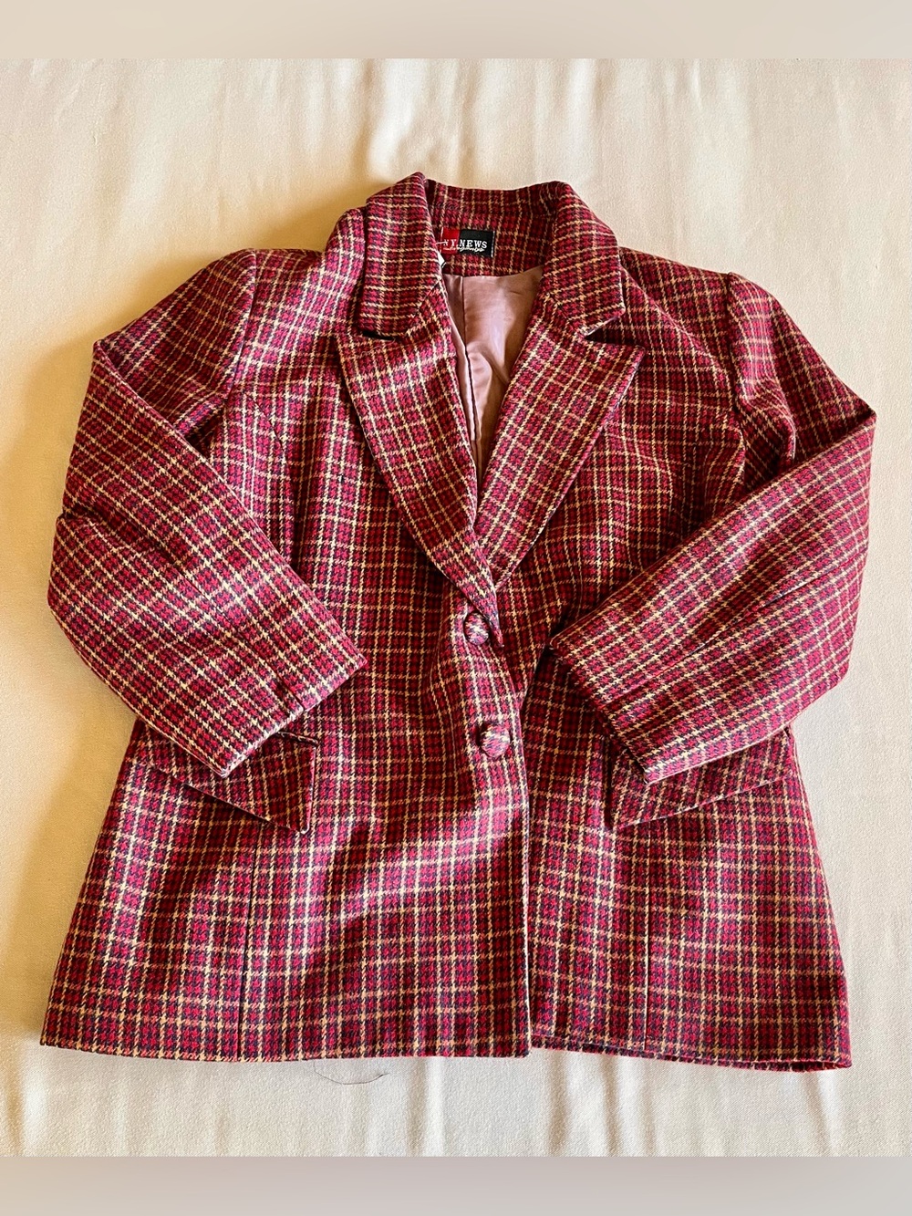Vintage NY News Red Navy Tan Tweed Herringbone Women's Blazer Jacket Classic